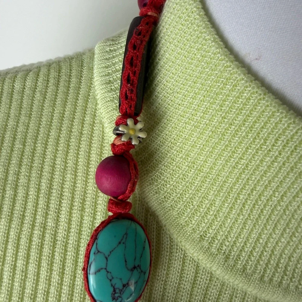 Lucky Brand Red Crochet Long Necklace Multi Color Mixed Media Beads Peace 38